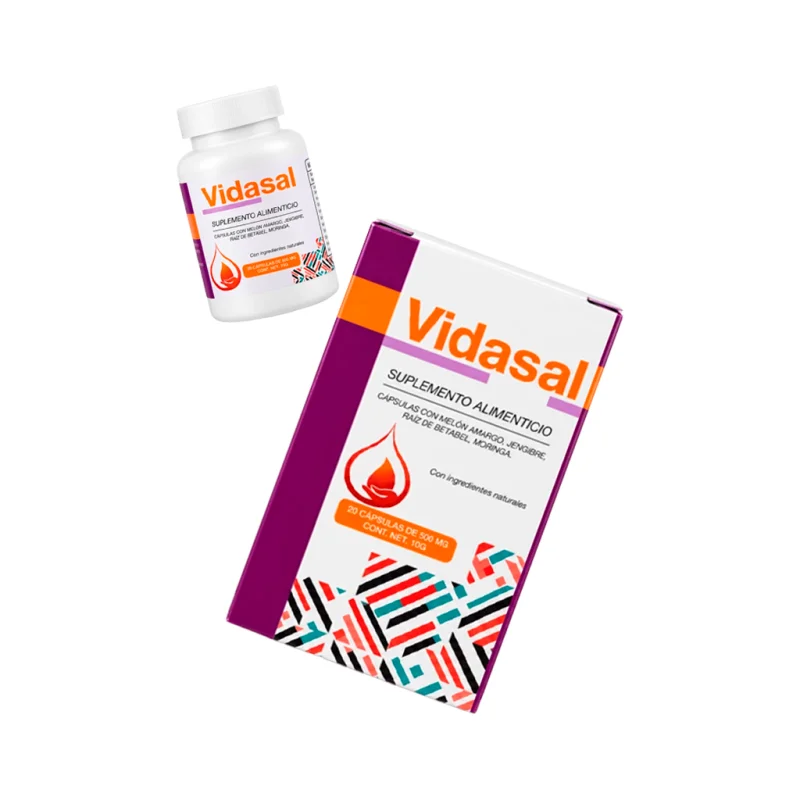 Vidasal — frasco y caja juntos del suplemento alimenticio